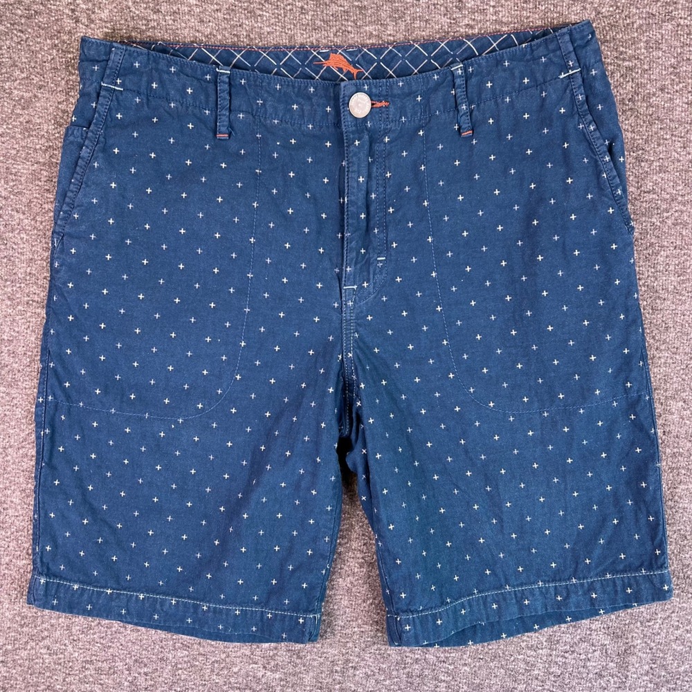Tommy Bahama Mens 34 Blue Cross Print Flat Front Chinos Vacation Golf Fits34x9.5